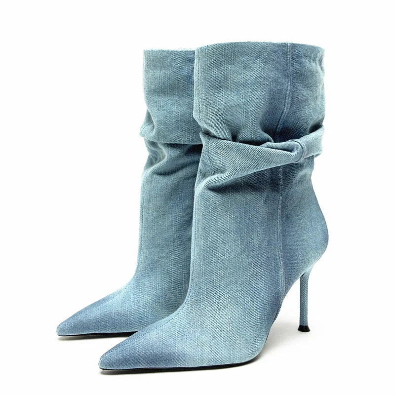 Women's Denim Knee-High Boots — Pointed Toe Stiletto