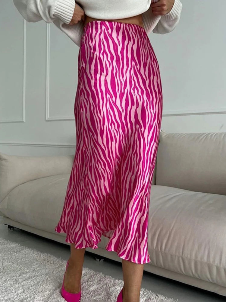 2023 Summer Autumn Women Elegant Midi Satin Skirts Printed High Waist Office Ladies Bodycon Pencil Slim Skirt For Women
