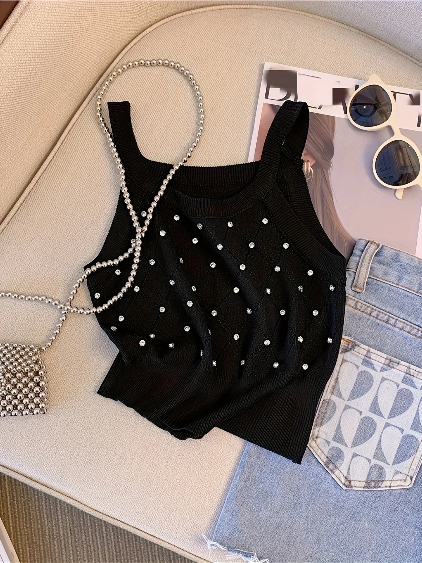 Women's Rhinestone Knit Crop Cami Top — Sleeveless Spaghetti Strap