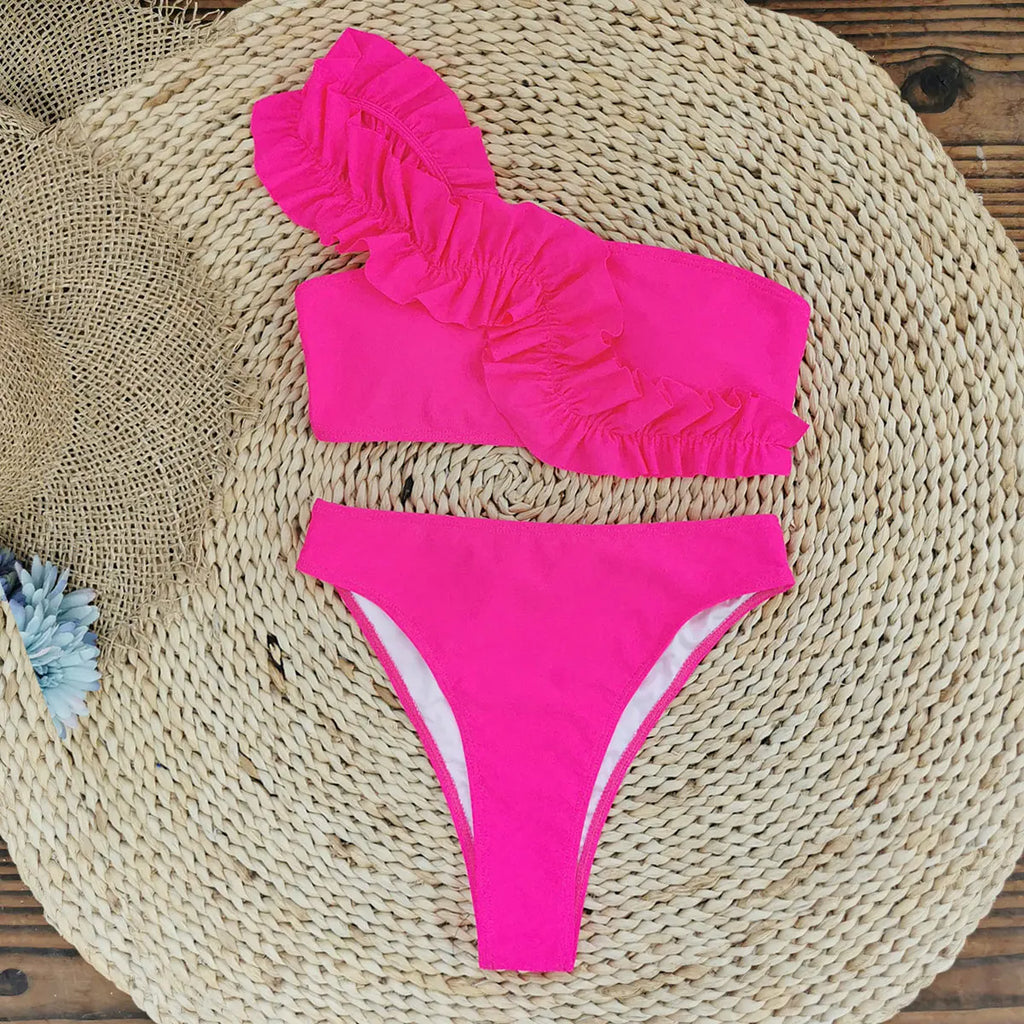2025 New Push Up Single Shoulder Stripe Women Bikini Set High Cut Printed Bottom Padded Swimwear Summer Beachwear Bathing Suit