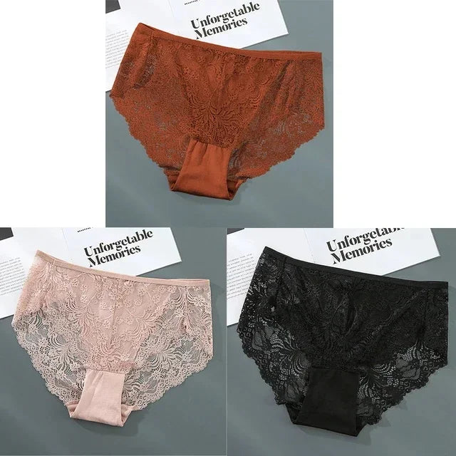 3Pcs Women's Plus Size Panties Lace Lingerie Solid Color Brief High Waisted Triangle Panty Brief Comfort Intimate 1-4XL Lingerie