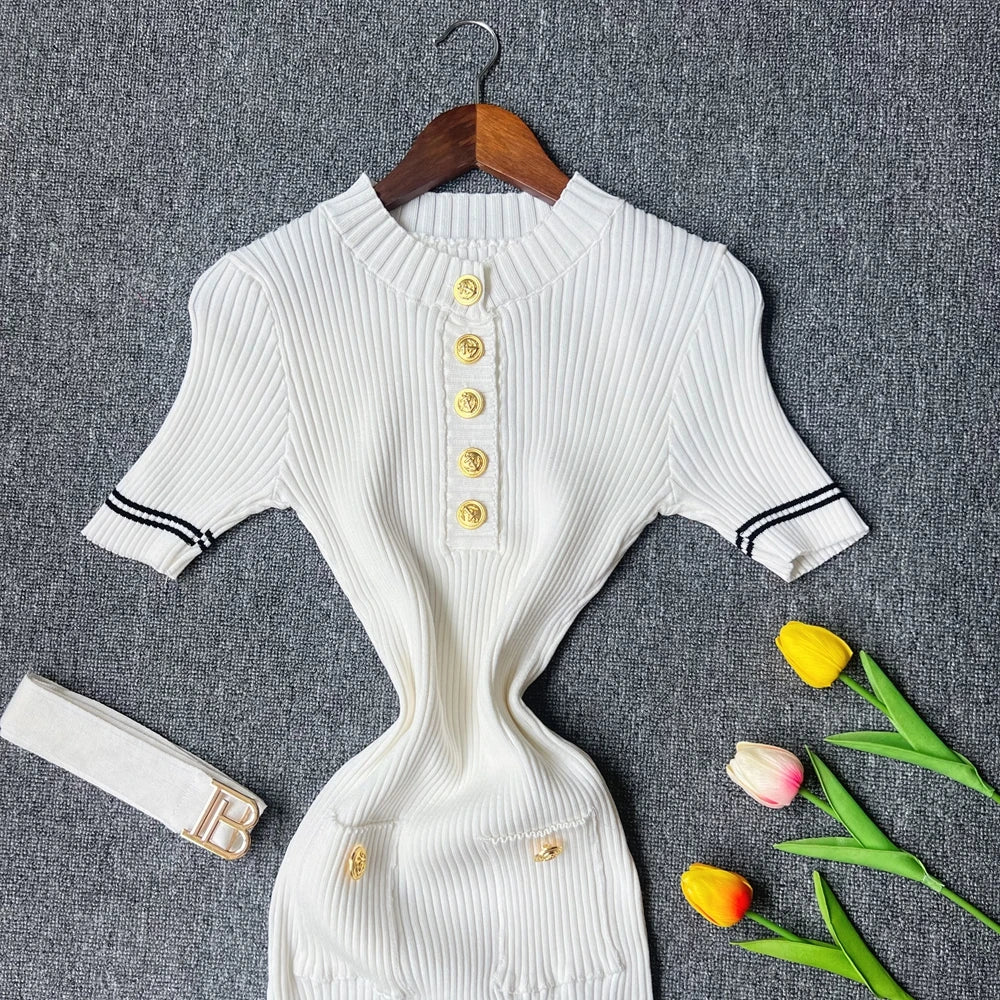 YuooMuoo 2025 Autumn Winter Women Knitted Dress Brand Fashion O-neck Buttons Bodycon Sweater Dress with Belt Lady Office Dress