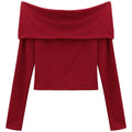 Women's Off-Shoulder Long Sleeve Crop Top — Slim Fit Knit Tee