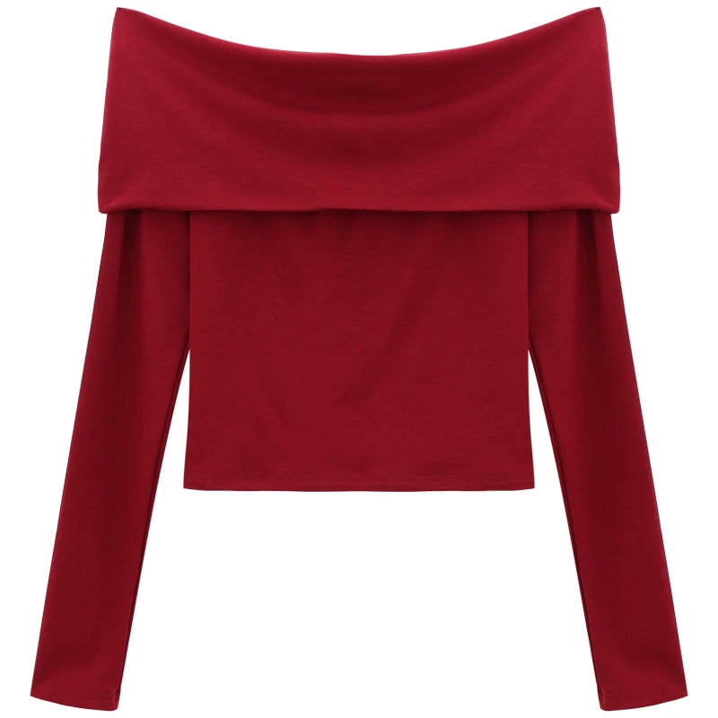 Women's Off-Shoulder Long Sleeve Crop Top — Slim Fit Knit Tee