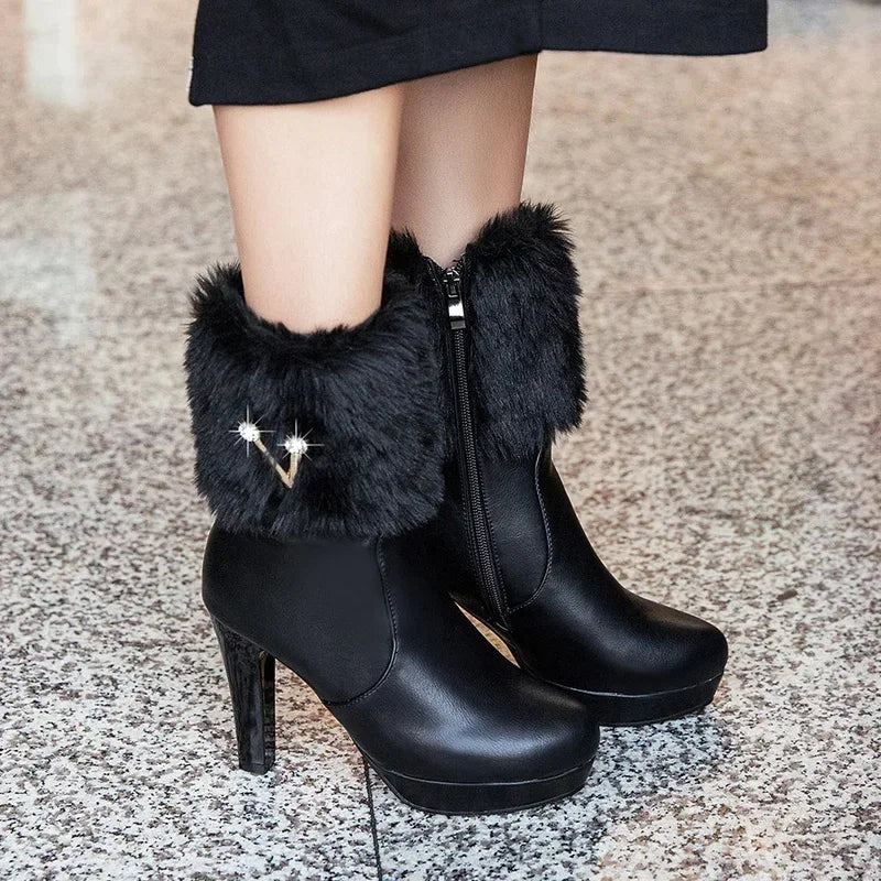 2025 Winter Faux Fur Design High Heel Boots Sweet Bowtie Spike Heels Pink White Black Warm Woman Shoes Ankle Snow Boots Female