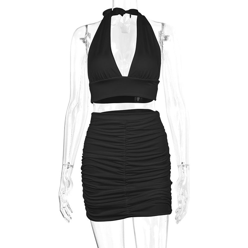 Women's Halter Lace-Up Crop Top & Pleated Mini Skirt – Sexy 2-Piece Dress Set