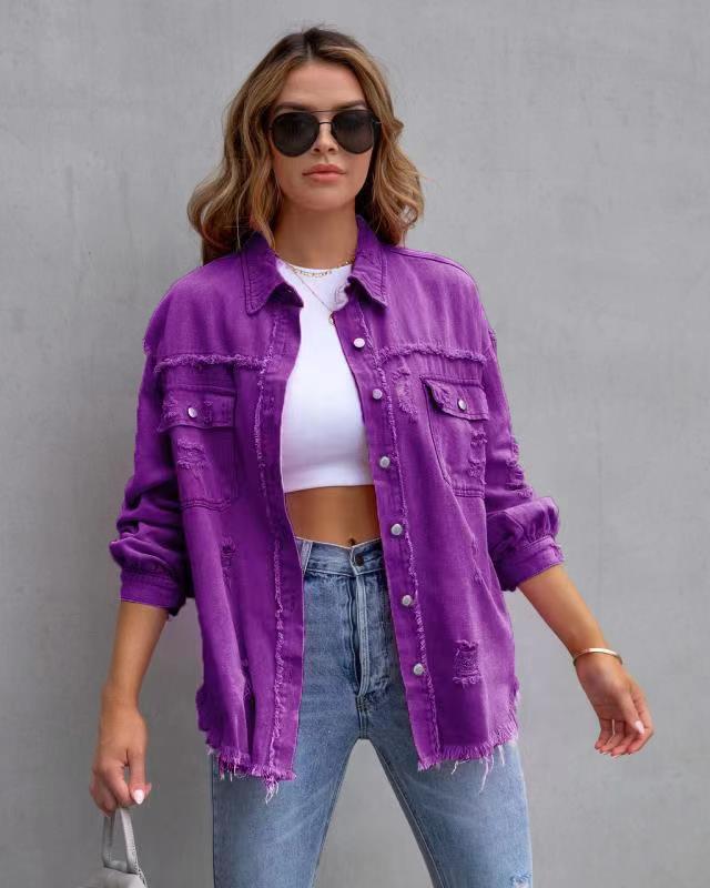 Women's Ripped Distressed Shirt Jacket – Loose Fit Casual Outerwear Top