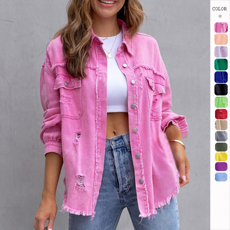 Women's Ripped Distressed Shirt Jacket – Loose Fit Casual Outerwear Top
