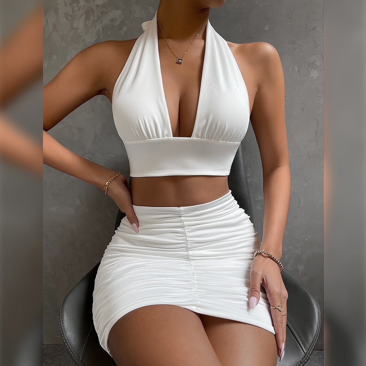 Women's Halter Lace-Up Crop Top & Pleated Mini Skirt – Sexy 2-Piece Dress Set