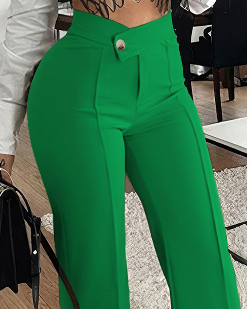 Women's Slim Straight-Leg Buckle Trousers – Solid Color Fashion Pants