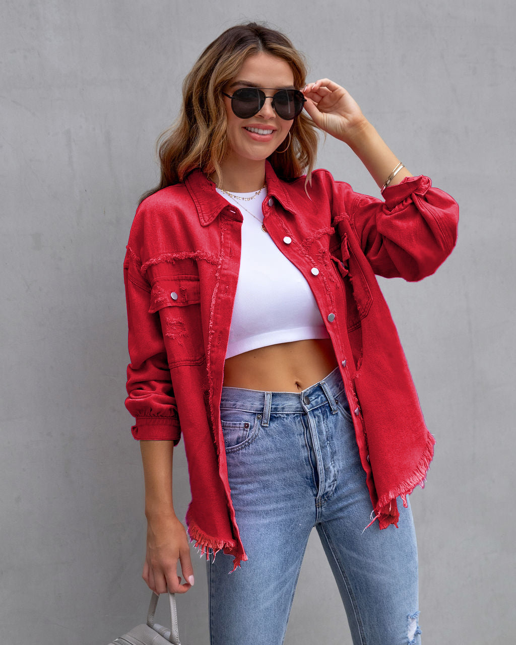 Women's Ripped Distressed Shirt Jacket – Loose Fit Casual Outerwear Top
