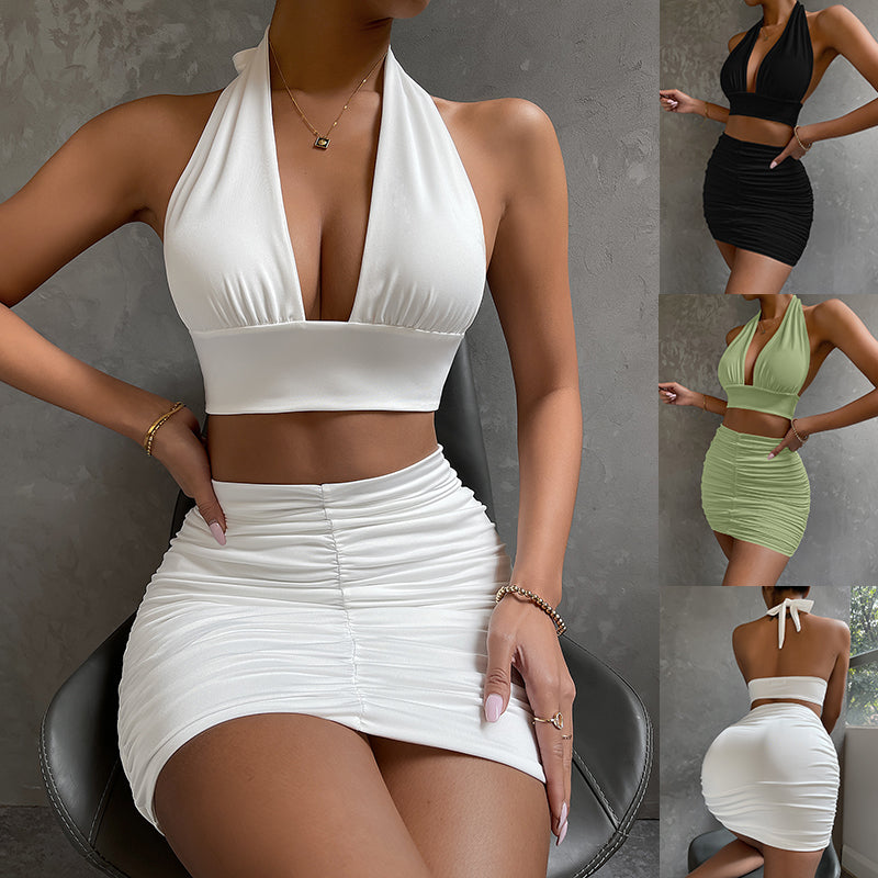 Women's Halter Lace-Up Crop Top & Pleated Mini Skirt – Sexy 2-Piece Dress Set