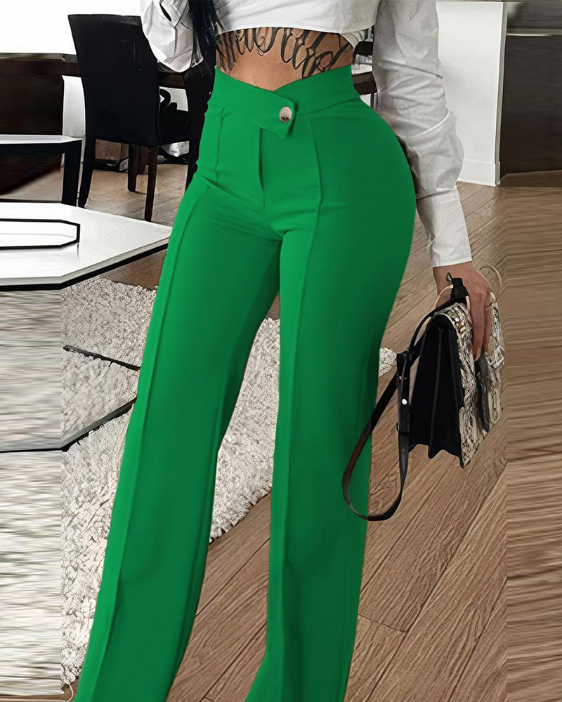 Women's Slim Straight-Leg Buckle Trousers – Solid Color Fashion Pants