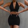 Women's Halter Lace-Up Crop Top & Pleated Mini Skirt – Sexy 2-Piece Dress Set