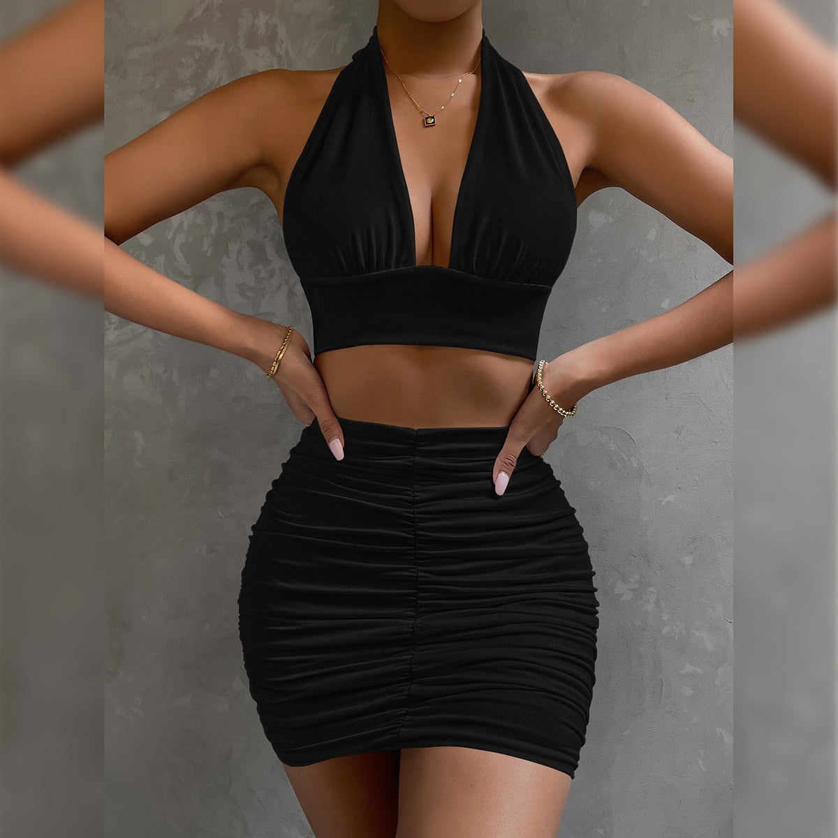 Women's Halter Lace-Up Crop Top & Pleated Mini Skirt – Sexy 2-Piece Dress Set