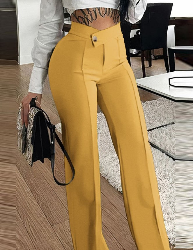 Women's Slim Straight-Leg Buckle Trousers – Solid Color Fashion Pants