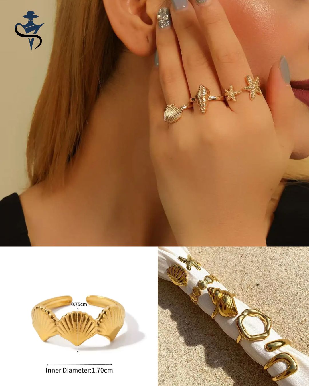 Shell & Geometric Ring Set