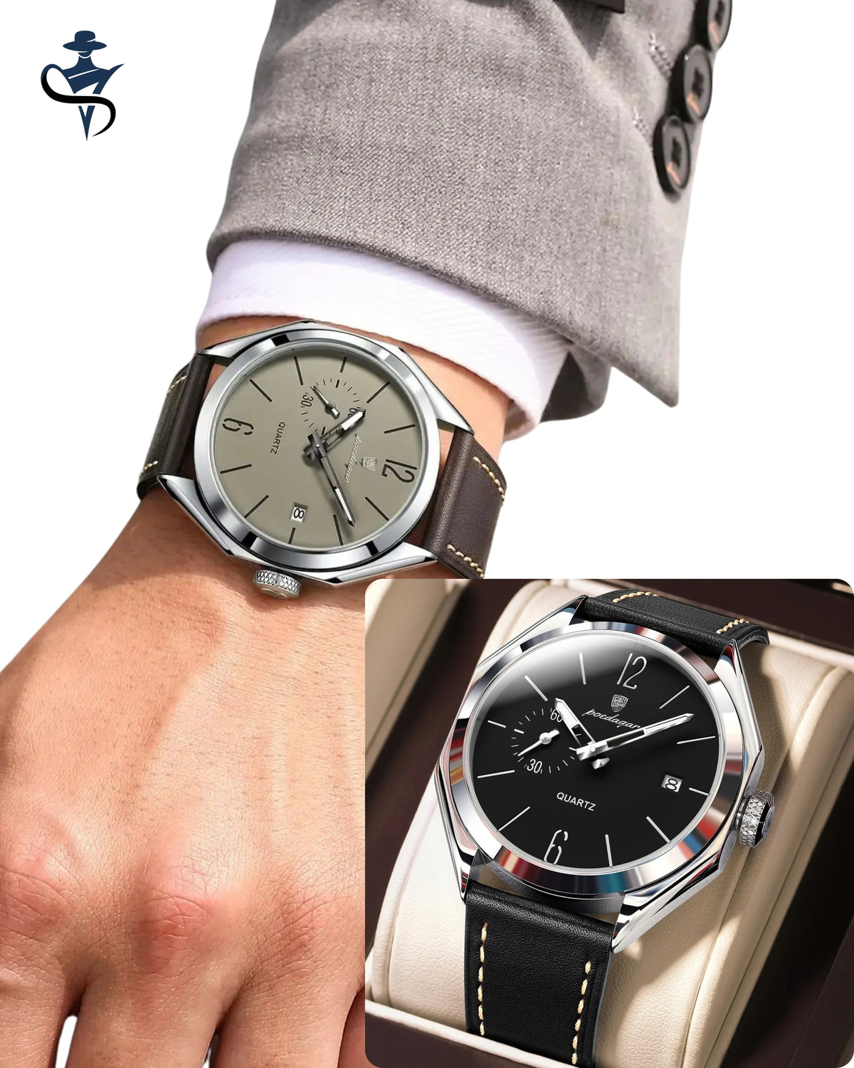 POEDAGAR Men's Leather Quartz Watch