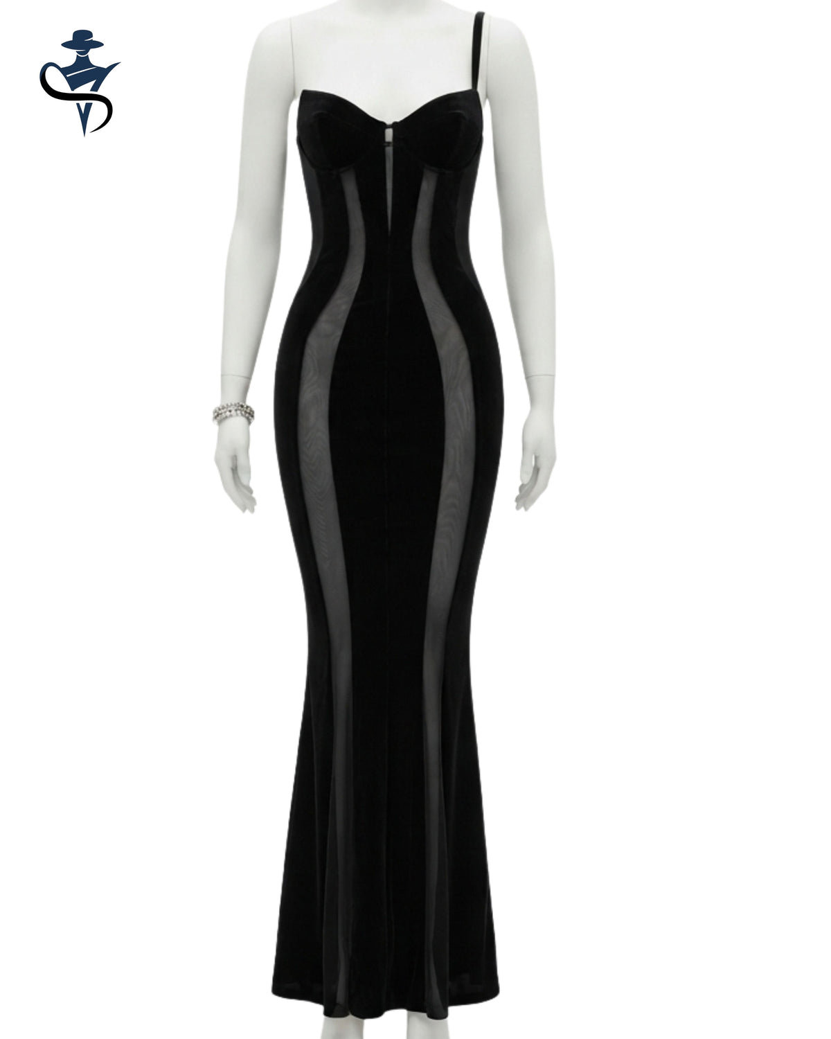 Strapless Velvet Mesh Maxi Dress